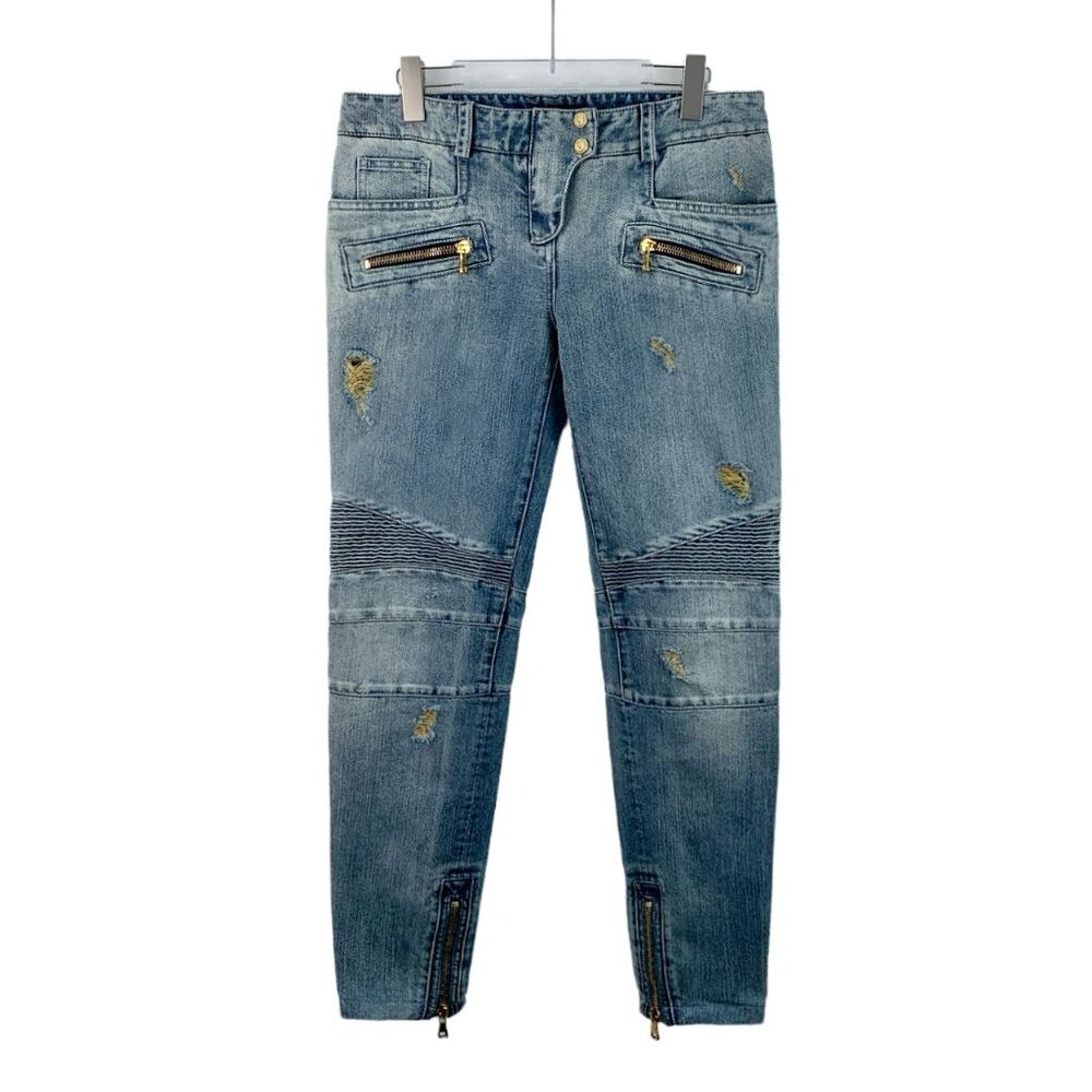 Balmain Blue Distressed Zippered Casual Denim Trousers Size 40 M Cotton Blend Ma